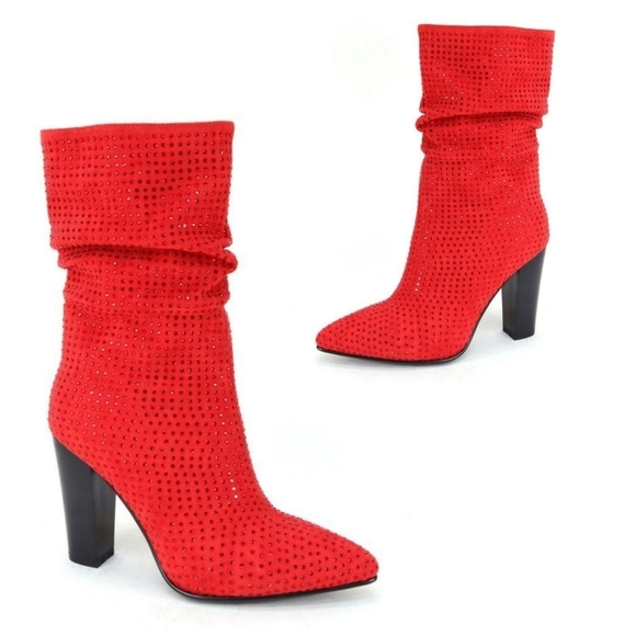Red Rhinestone Embellished Ruched Ankle Boot Sz 7 - Picture 3 of 5
